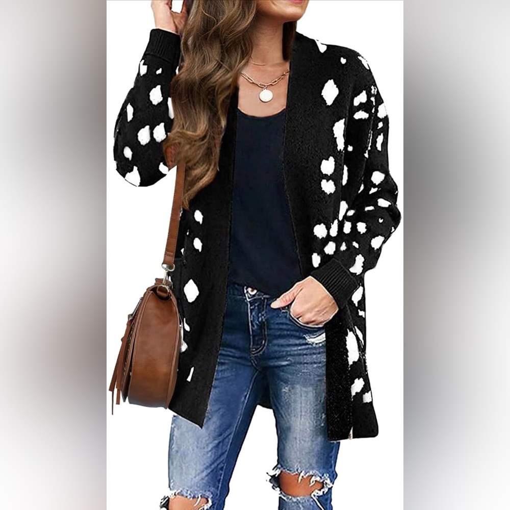 ZESICA Women's Long Sleeves Open Front Leopard Print Knitted Sweater Cardigan
